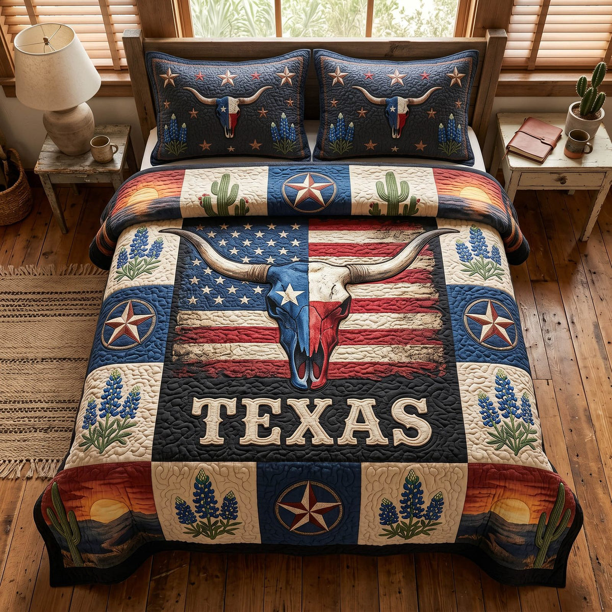 Rustic Longhorn quilted 3-piece bedding set on a made bed in a rustic timber bedroom
