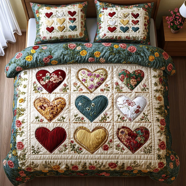 Rustic Love Path quilted 3-piece bedding set on a made bed in a farmhouse bedroom