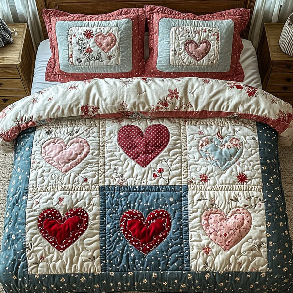 Rustic Love Quilt quilted 3-piece bedding set on a made bed in a farmhouse bedroom