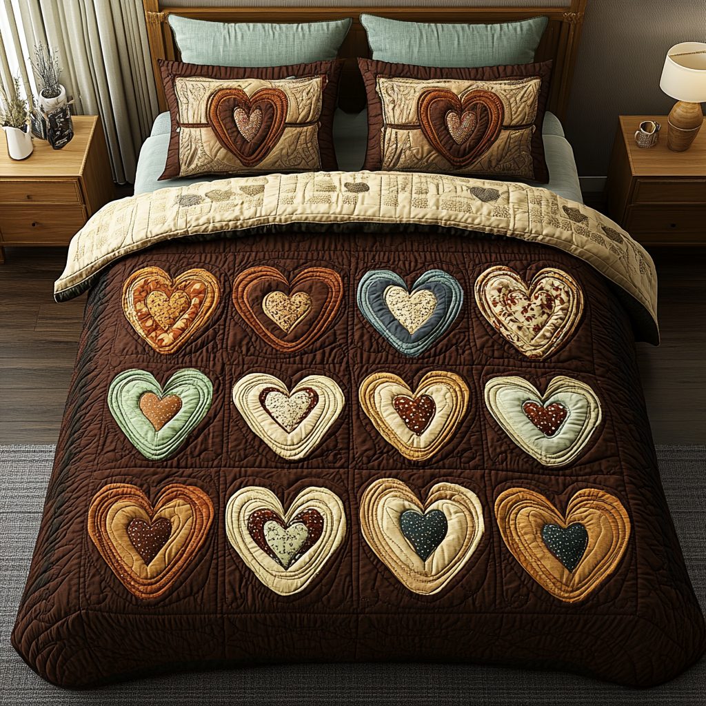Rustic Love quilted 3-piece bedding set on a made bed in a farmhouse bedroom