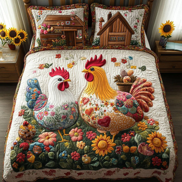 Rustic Love quilted 3-piece bedding set on a made bed in a farmhouse bedroom