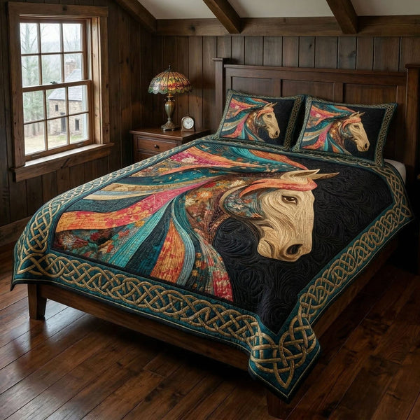 Rustic Majesty quilted 3-piece bedding set on a made bed in a farmhouse bedroom