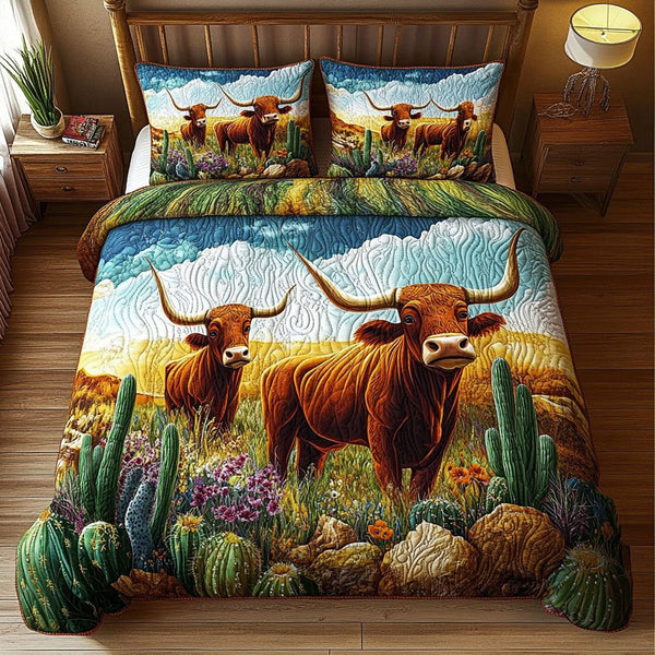Rustic Majesty quilted 3-piece bedding set on a made bed in a farmhouse bedroom