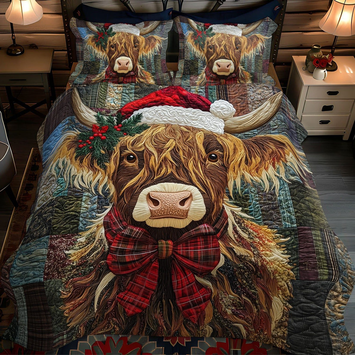 Rustic Majesty quilted 3-piece bedding set on a made bed in a farmhouse bedroom