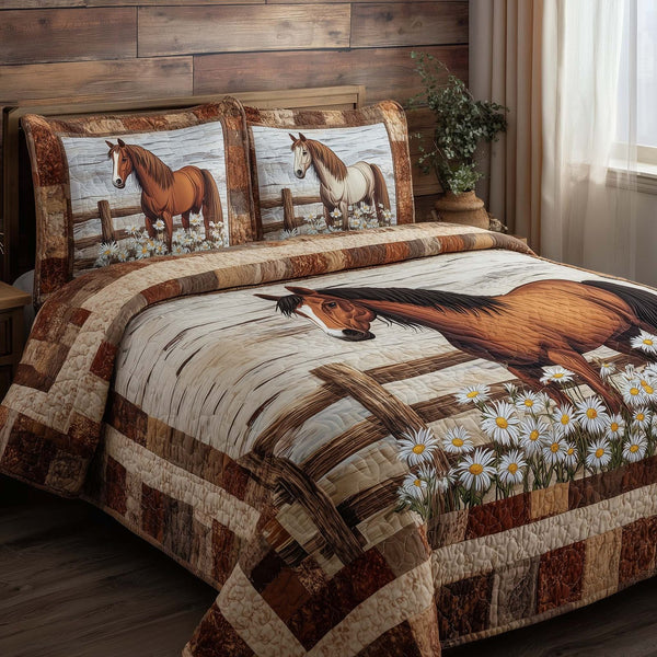 Rustic Meadow Horse quilted 3-piece bedding set on a made bed in a rustic timber bedroom