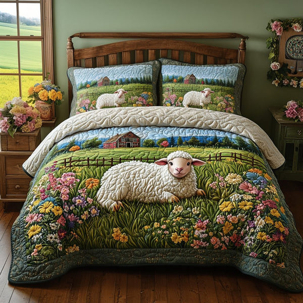 Rustic Meadow quilted 3-piece bedding set on a made bed in a farmhouse bedroom