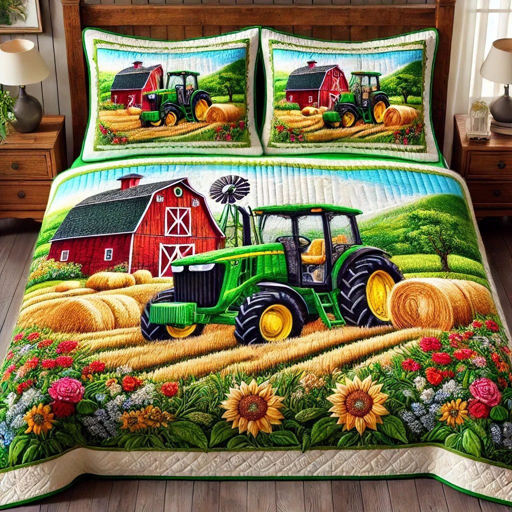 Rustic Meadow quilted 3-piece bedding set on a made bed in a farmhouse bedroom