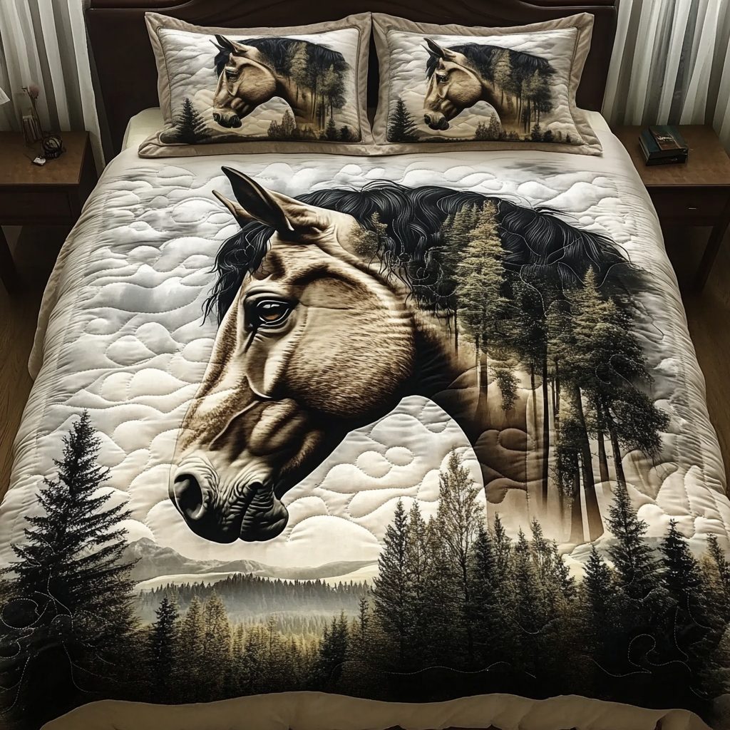Rustic Meadow quilted 3-piece bedding set on a made bed in a farmhouse bedroom