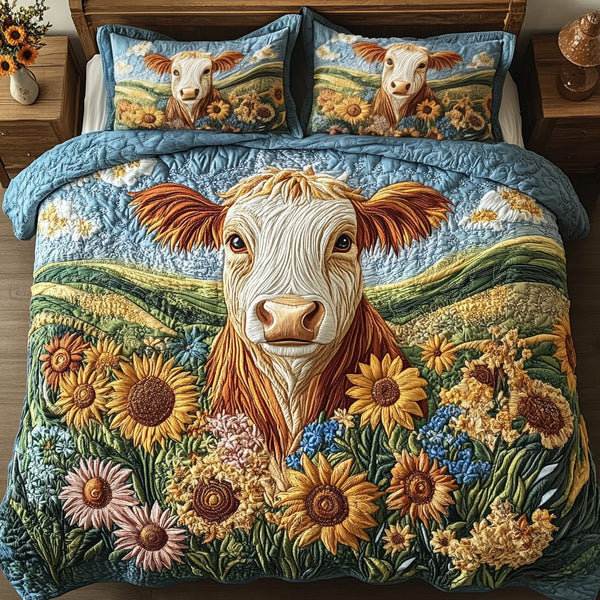 Rustic Moo quilted 3-piece bedding set on a made bed in a farmhouse bedroom