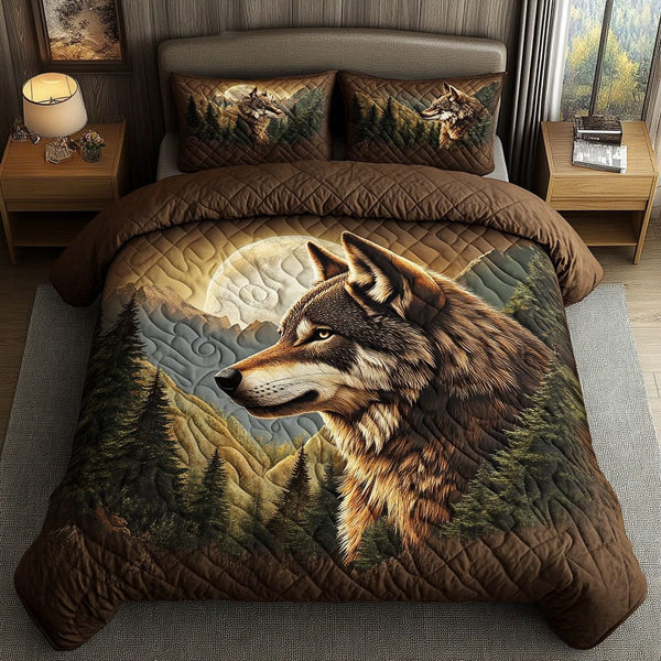 Rustic Moonlit Guardian quilted 3-piece bedding set on a made bed in a farmhouse bedroom