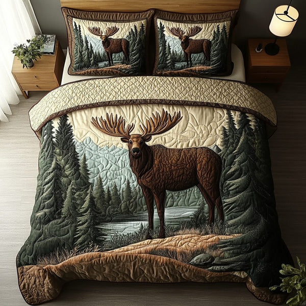 Rustic Moose quilted 3-piece bedding set on a made bed in a farmhouse bedroom