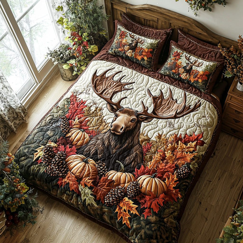 Rustic Moose quilted 3-piece bedding set on a made bed in a farmhouse bedroom