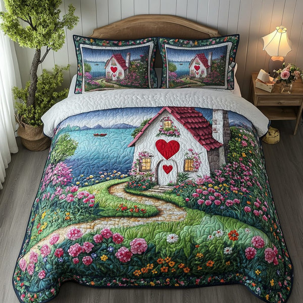 Rustic Morning quilted 3-piece bedding set on a made bed in a farmhouse bedroom