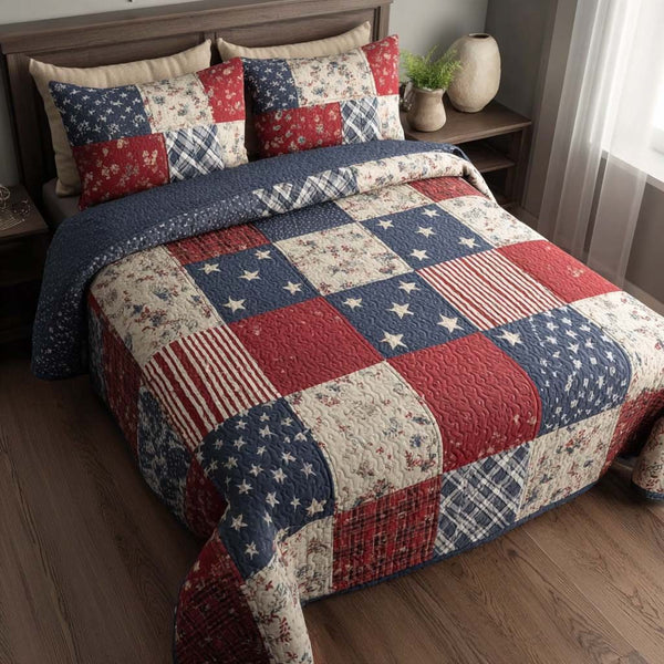 Rustic Mosaic quilted 3-piece bedding set on a made bed in a farmhouse bedroom