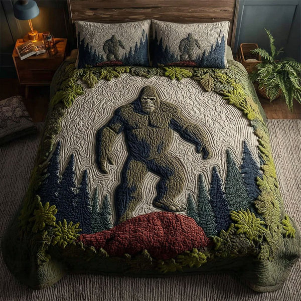 Rustic Mountain Lore quilted 3-piece bedding set on a made bed in a farmhouse bedroom