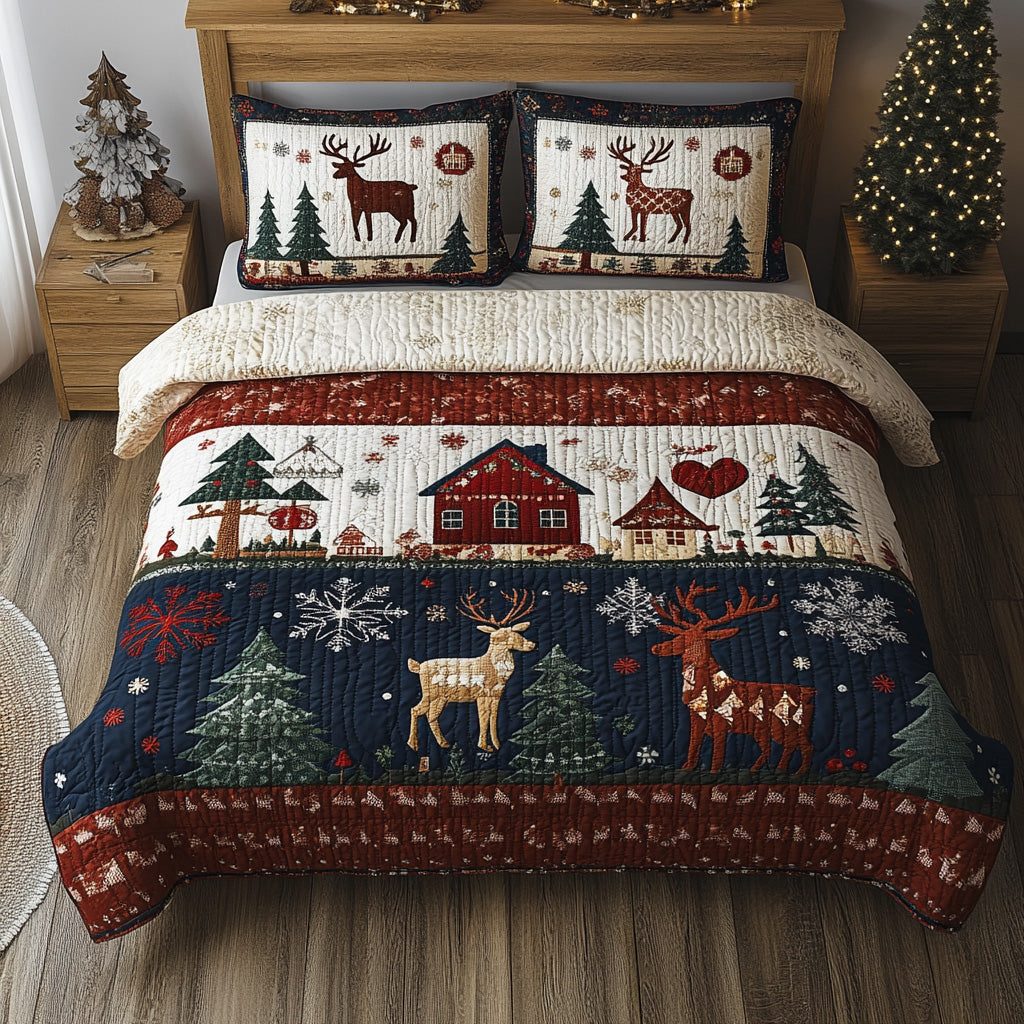 Rustic Noel quilted 3-piece bedding set on a made bed in a winter-styled bedroom