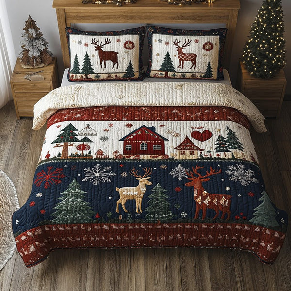 Rustic Noel quilted 3-piece bedding set on a made bed in a winter-styled bedroom