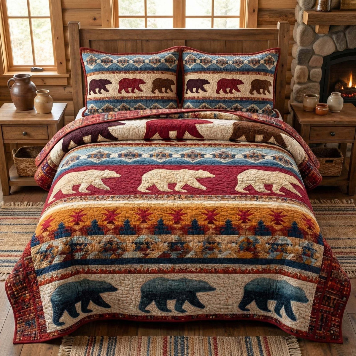 Rustic Patch quilted 3-piece bedding set on a made bed in a farmhouse bedroom