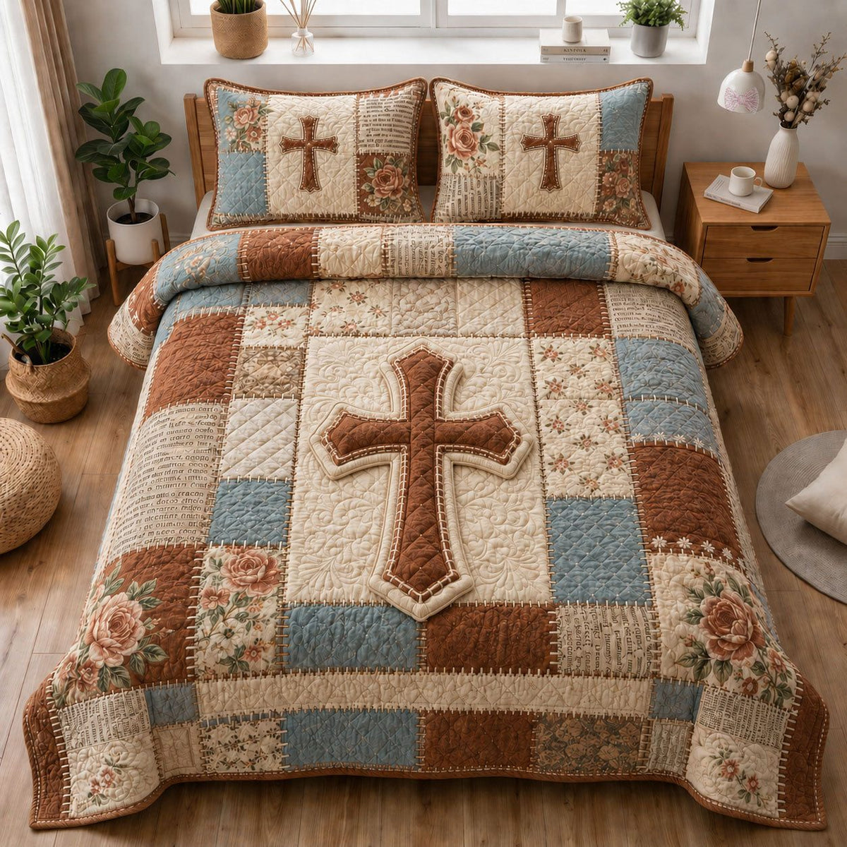 Rustic Patchwork Cross Christian quilted 3-piece bedding set on a made bed in a softly lit bedroom