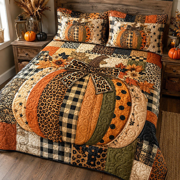 Rustic Patchwork quilted 3-piece bedding set on a made bed in a farmhouse bedroom