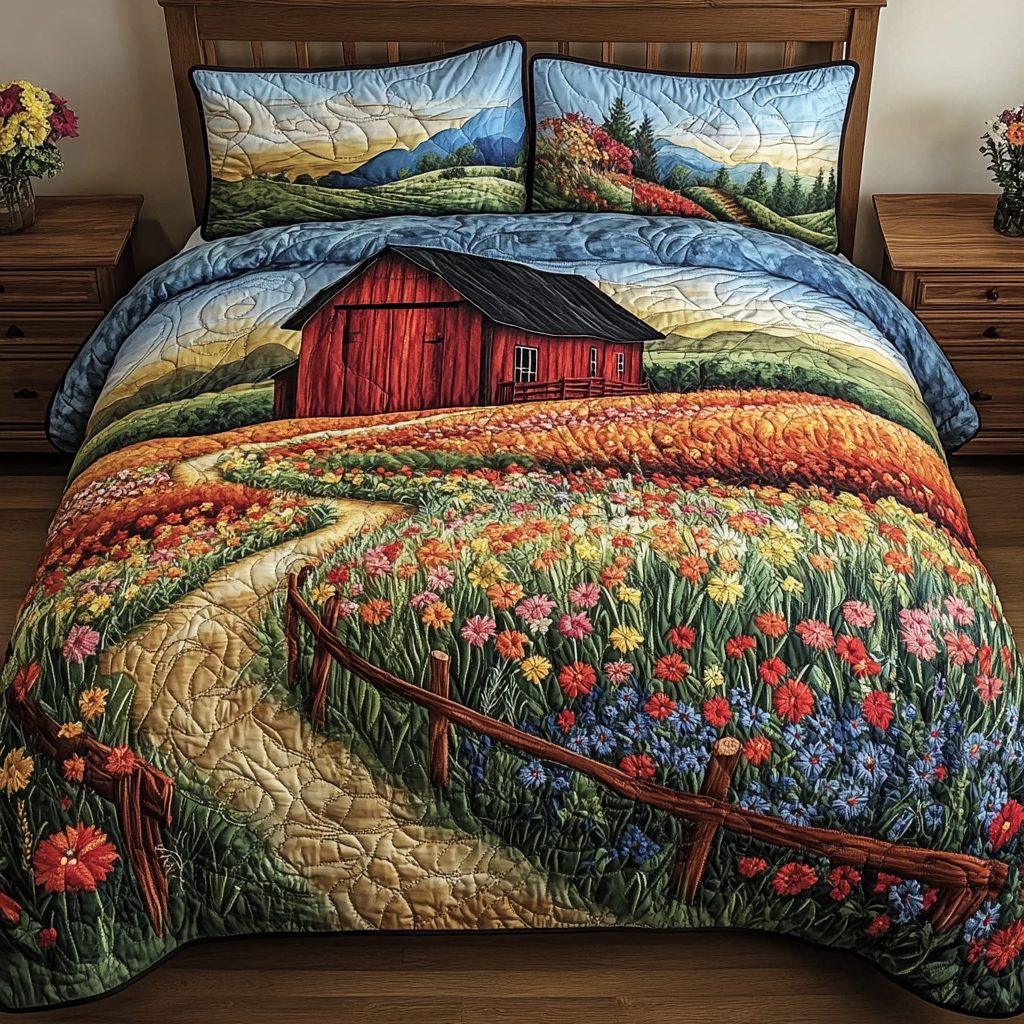 Rustic Path quilted 3-piece bedding set on a made bed in a farmhouse bedroom