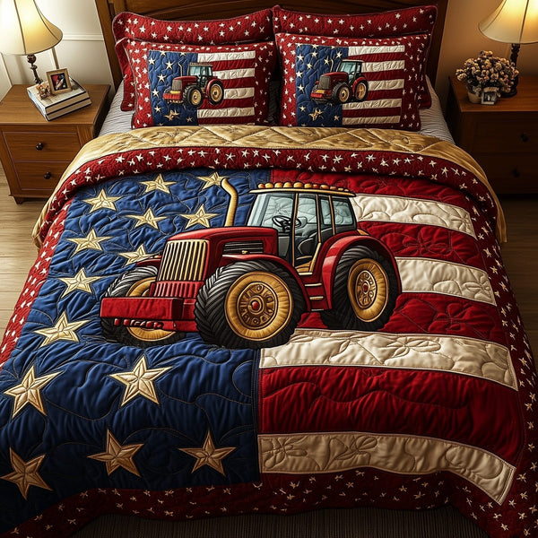 Rustic Patriot Farm quilted 3-piece bedding set on a made bed in a warmly lit bedroom