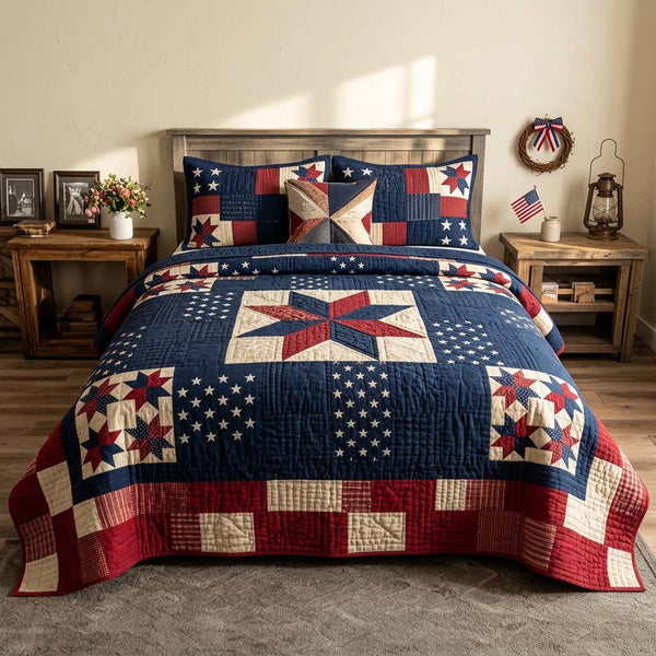 Rustic Patriot quilted 3-piece bedding set on a made bed in a warmly lit bedroom
