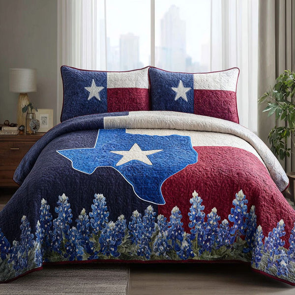 Rustic Patriot quilted 3-piece bedding set on a made bed in a warmly lit bedroom