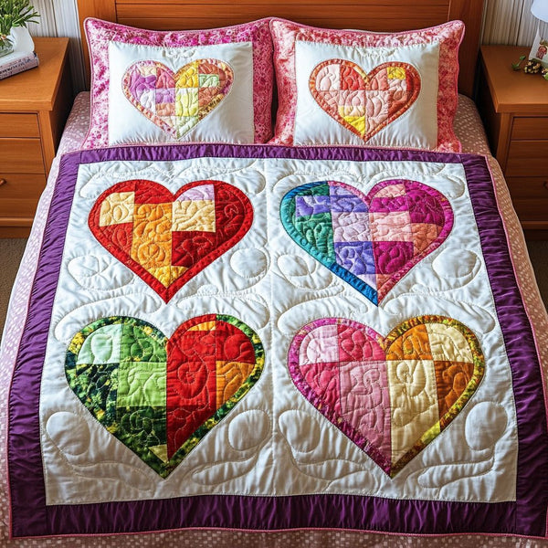 Rustic Pattern Hearts quilted 3-piece bedding set on a made bed in a farmhouse bedroom