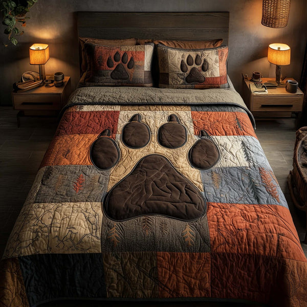 Rustic Paw quilted 3-piece bedding set on a made bed in a farmhouse bedroom