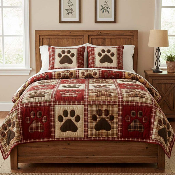 Rustic Paw quilted 3-piece bedding set on a made bed in a farmhouse bedroom