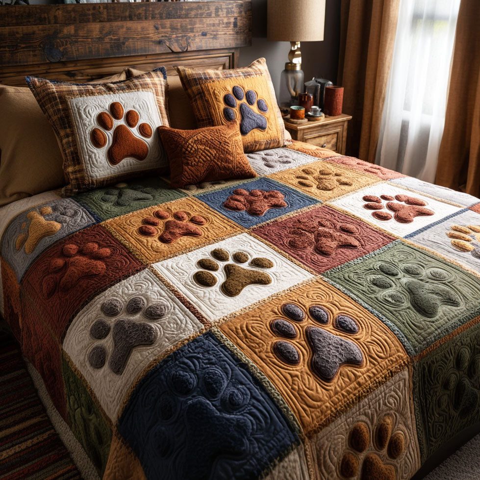 Rustic Paw quilted 3-piece bedding set on a made bed in a farmhouse bedroom