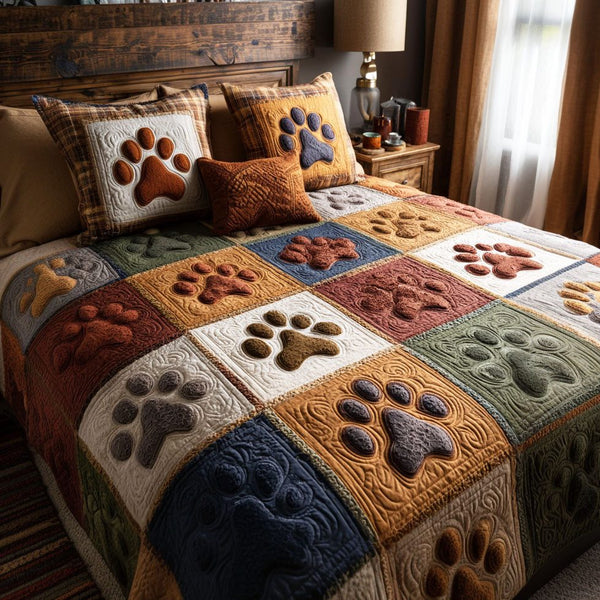 Rustic Paw quilted 3-piece bedding set on a made bed in a farmhouse bedroom