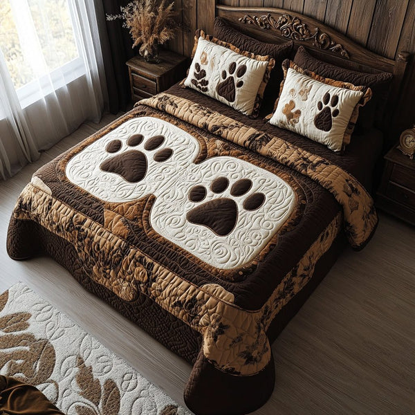 Rustic Paws quilted 3-piece bedding set on a made bed in a farmhouse bedroom