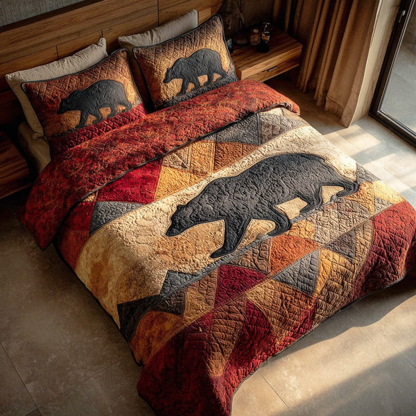 Rustic Paws quilted 3-piece bedding set on a made bed in a farmhouse bedroom
