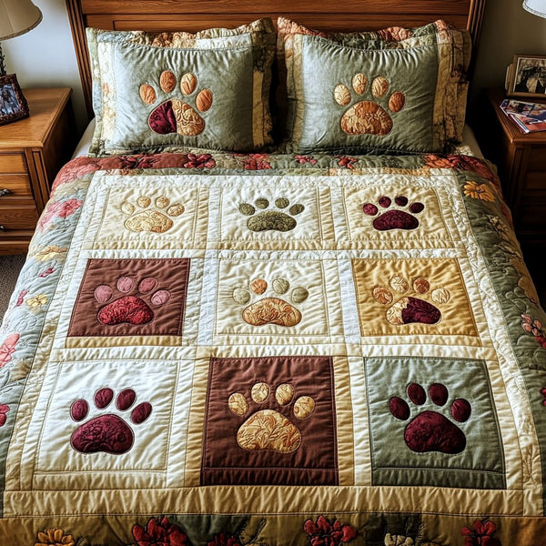 Rustic Paws quilted 3-piece bedding set on a made bed in a farmhouse bedroom