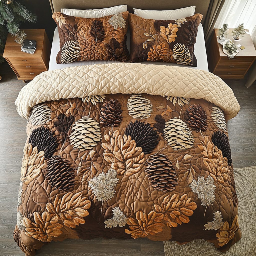 Rustic Pine quilted 3-piece bedding set on a made bed in a farmhouse bedroom