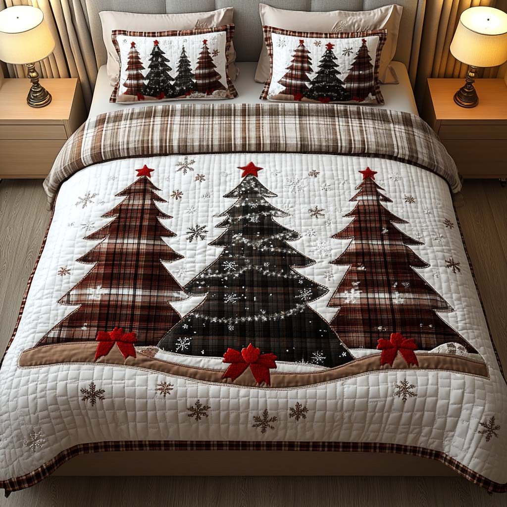 Rustic Pines quilted 3-piece bedding set on a made bed in a farmhouse bedroom
