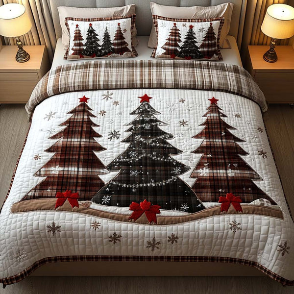Rustic Pines quilted 3-piece bedding set on a made bed in a farmhouse bedroom