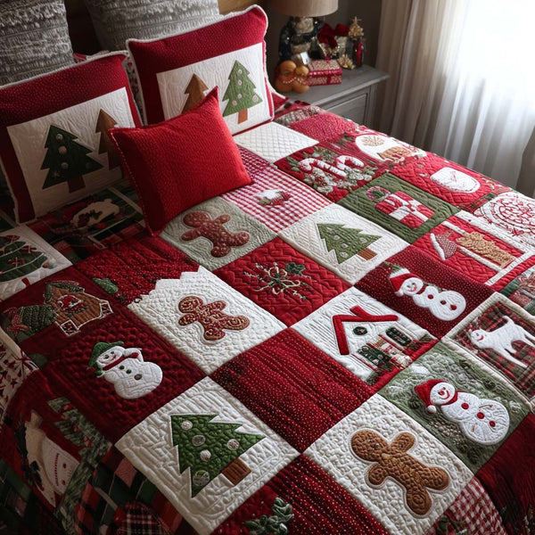 Rustic Plaid quilted 3-piece bedding set on a made bed in a farmhouse bedroom