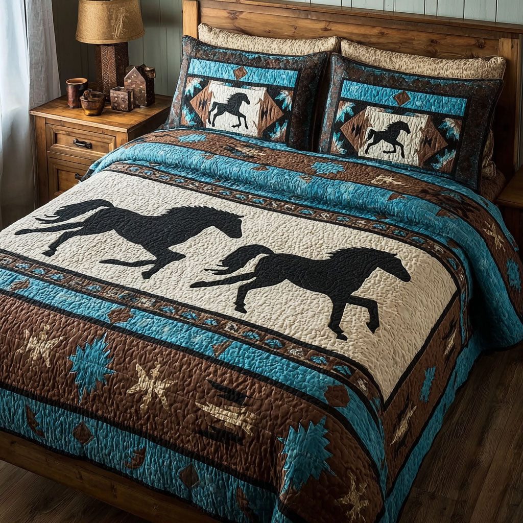 Rustic Plains quilted 3-piece bedding set on a made bed in a farmhouse bedroom