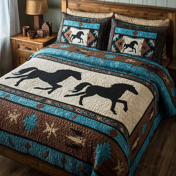 Rustic Plains quilted 3-piece bedding set on a made bed in a farmhouse bedroom