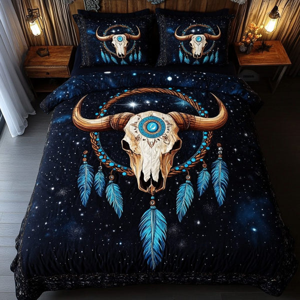 Rustic Plains quilted 3-piece bedding set on a made bed in a farmhouse bedroom