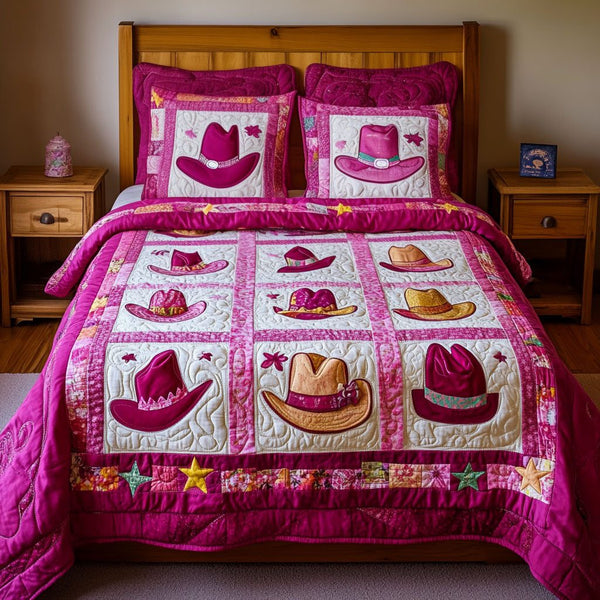 Rustic Plains quilted 3-piece bedding set on a made bed in a farmhouse bedroom