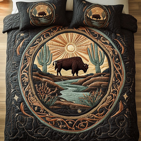 Rustic Plains quilted 3-piece bedding set on a made bed in a farmhouse bedroom