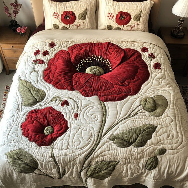 Rustic Poppies quilted 3-piece bedding set on a made bed in a farmhouse bedroom