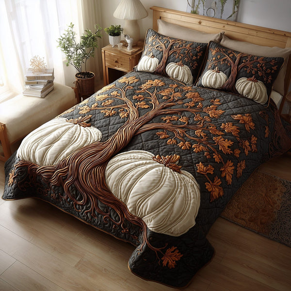 Rustic Pumpkin Charm quilted 3-piece bedding set on a made bed against a dark styled interior