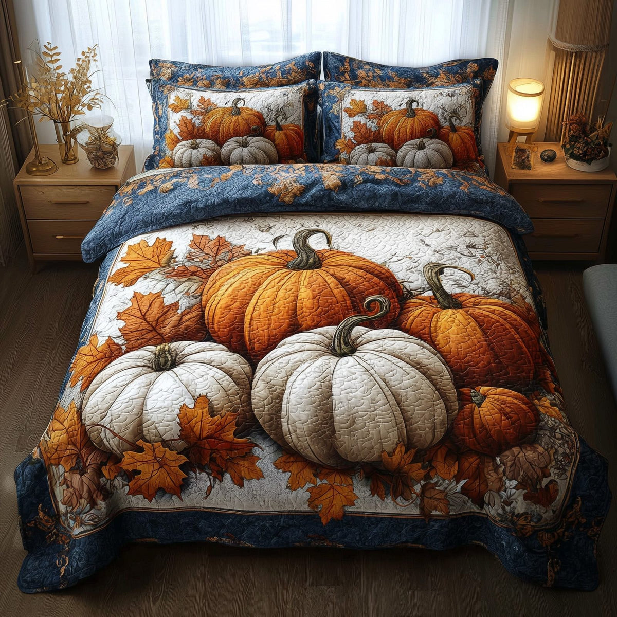 Rustic Pumpkin Charm quilted 3-piece bedding set on a made bed against a dark styled interior