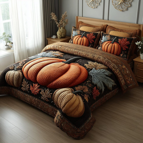 Rustic Pumpkin Charm quilted 3-piece bedding set on a made bed against a dark styled interior
