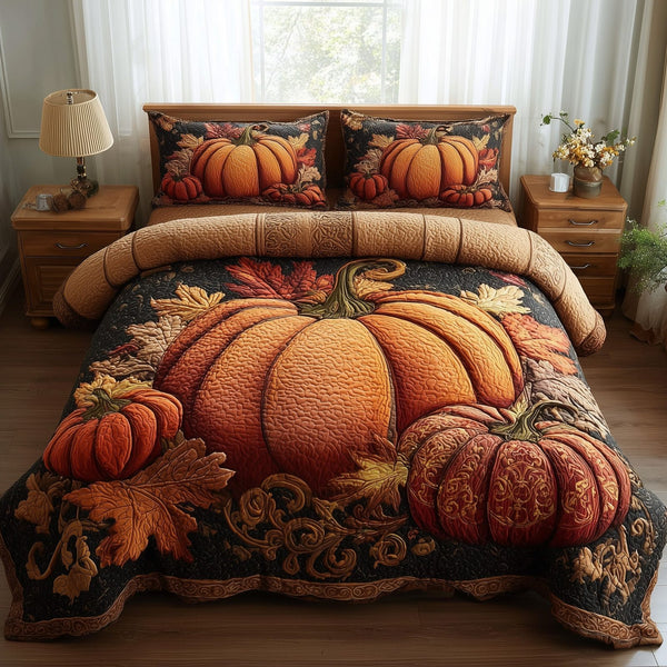 Rustic Pumpkin Charm quilted 3-piece bedding set on a made bed against a dark styled interior